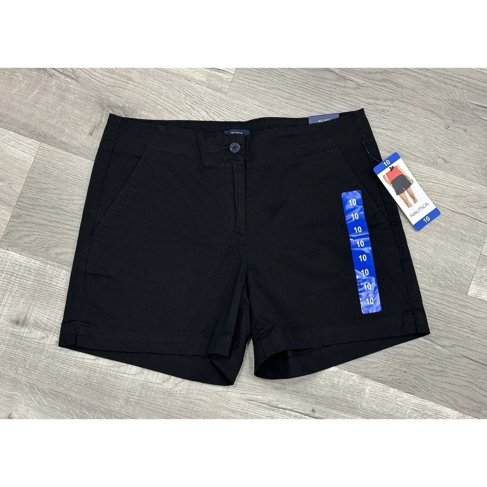 Nautica Womens Mid Rise Twill Black Shorts Sz 10 5
